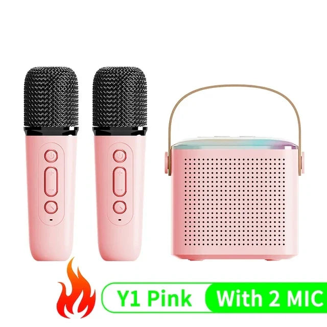 Pink karaoke wireless portable speaker with handle and two matching microphones mini music small caixa for parties