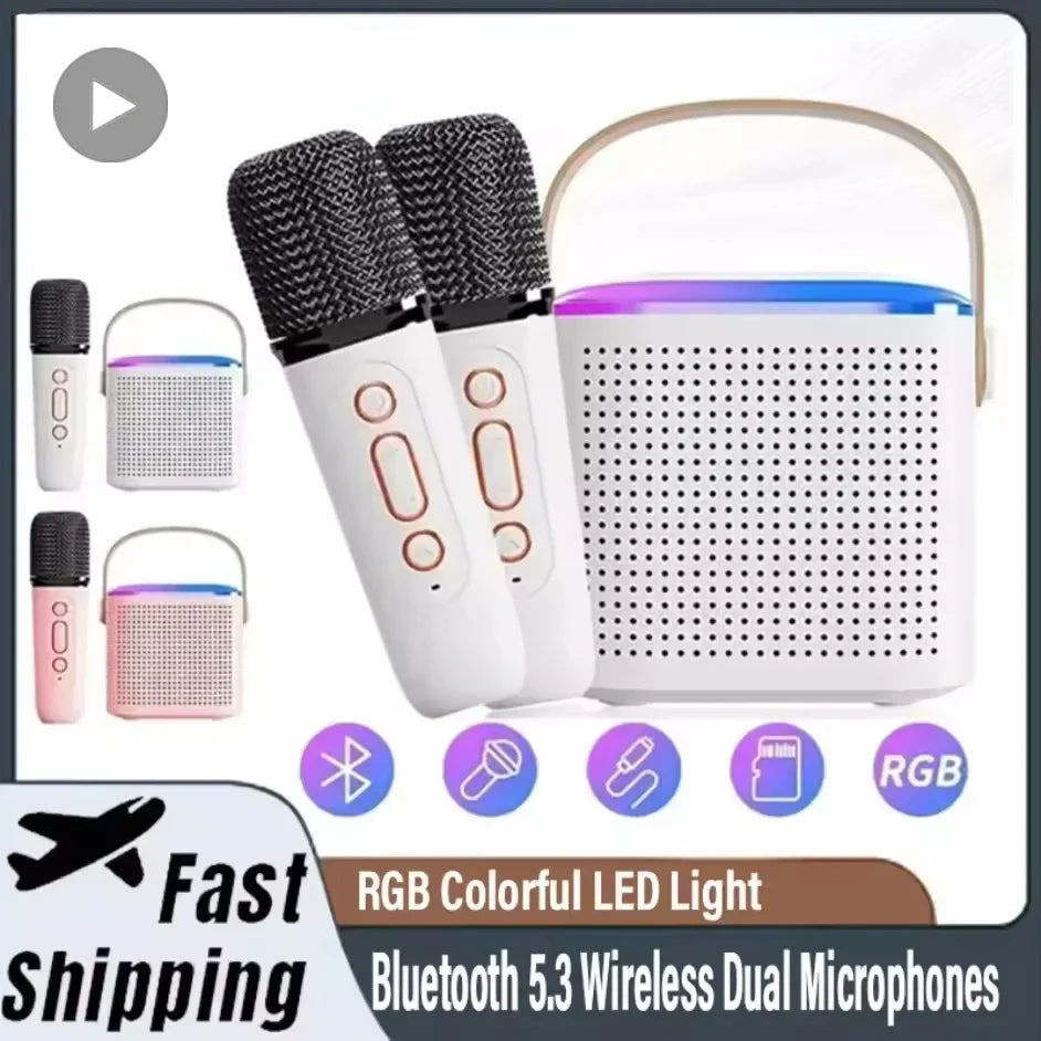 White karaoke wireless portable bluetooth speaker with rgb led and dual microphone machine mini with copper buttons