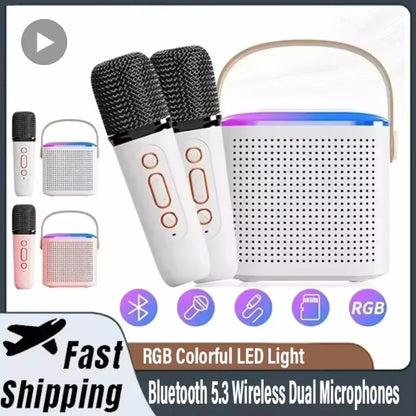 White karaoke wireless portable bluetooth speaker with rgb led and dual microphone machine mini with copper buttons