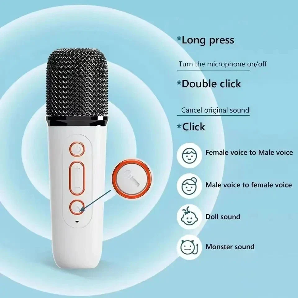 White wireless microphone with black mesh grille and orange buttons for karaoke wireless portable music small caixa use