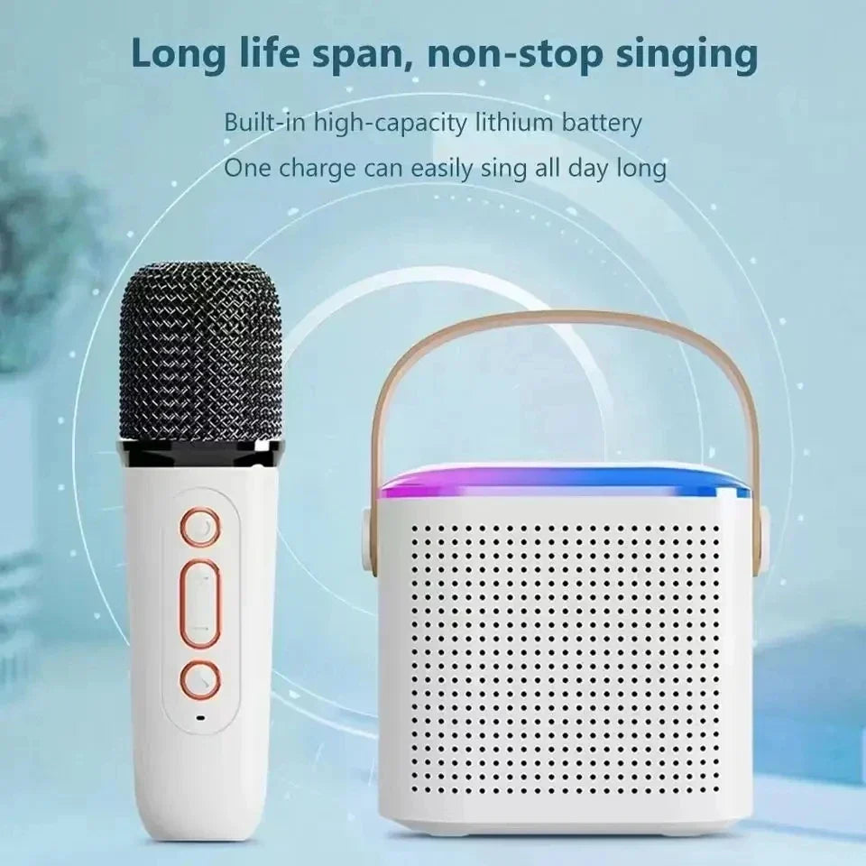 White karaoke wireless portable speaker with colorful led light and matching white microphone machine mini with copper buttons