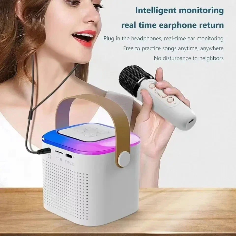 White karaoke wireless portable bluetooth speaker with blue purple led ring beige handle and perforated front panel
