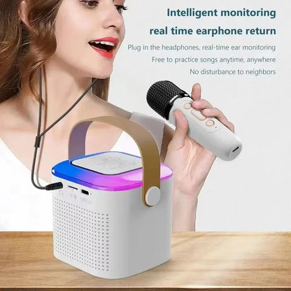 White karaoke wireless portable bluetooth speaker with blue purple led ring beige handle and perforated front panel