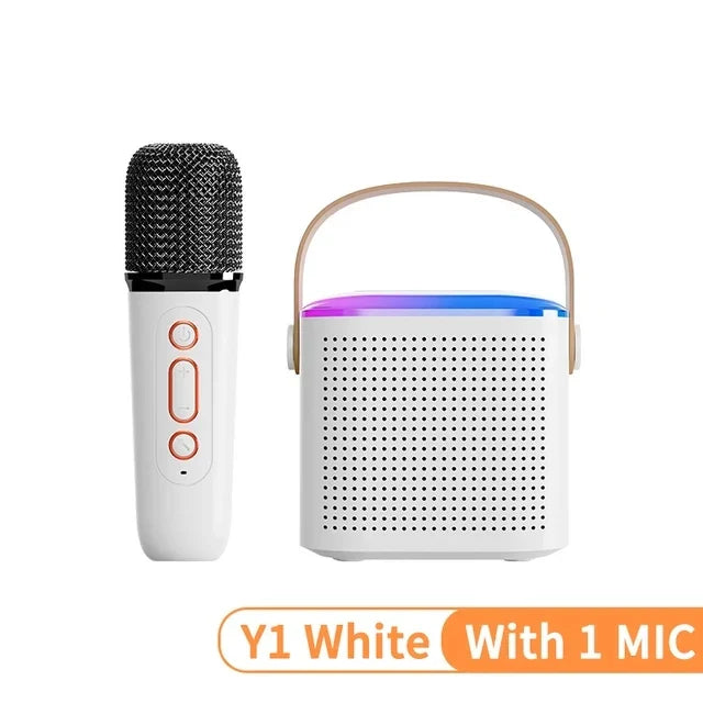 White karaoke wireless portable bluetooth speaker with handle and colorful led lighting paired with microphone machine mini