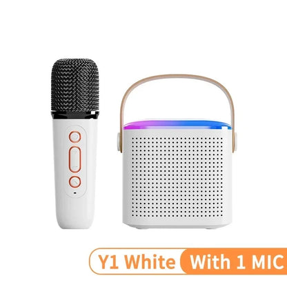 White karaoke wireless portable bluetooth speaker with handle and colorful led lighting paired with microphone machine mini