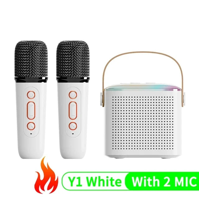 White y1 karaoke wireless portable bluetooth speaker with handle top and two wireless microphones for music small caixa use