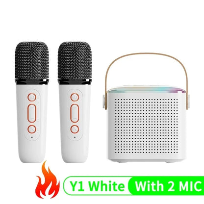White y1 karaoke wireless portable bluetooth speaker with handle top and two wireless microphones for music small caixa use