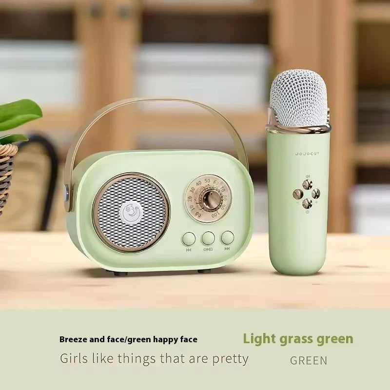 Light grass green karaoke wireless portable speaker with mesh grille rotary dial and matching microphone for radio fm machine small mp3 column
