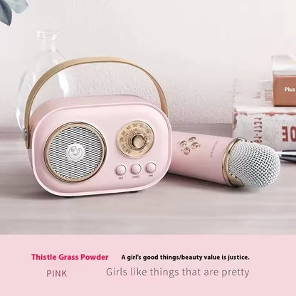 Pink retro-style karaoke wireless portable bluetooth speaker with gold accents and matching microphone radio fm machine small mp3 column