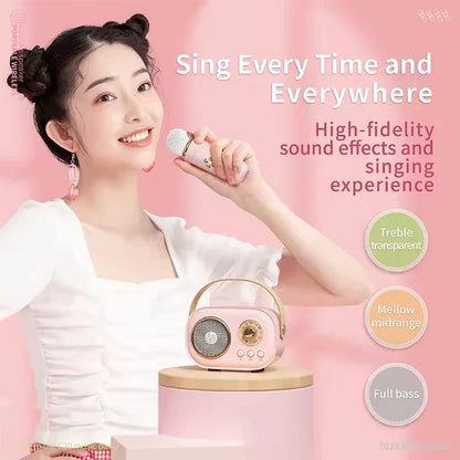 Pink retro-style karaoke wireless portable bluetooth speaker with gold accents and handle small mp3 column radio fm machine