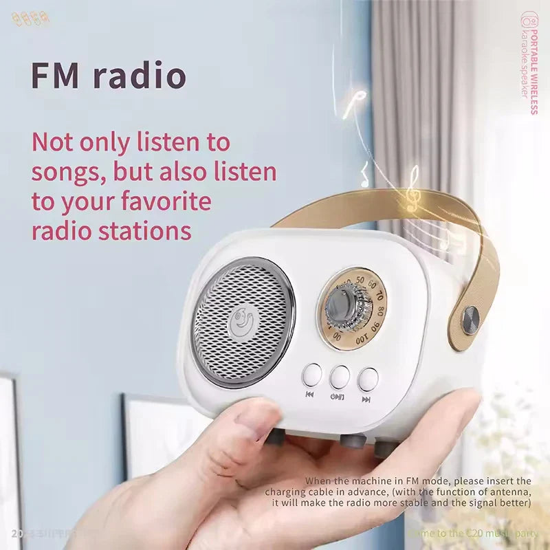 White and gold karaoke wireless portable radio fm machine with retro mesh speaker grille and rotary dial tuner small mp3 column