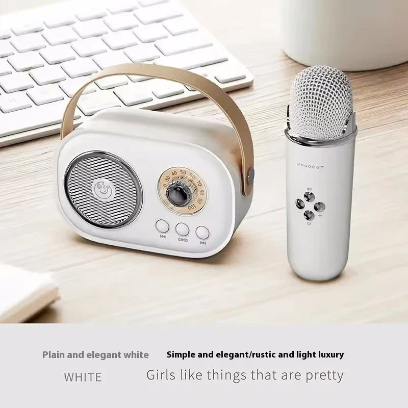 White retro-style karaoke wireless portable bluetooth speaker with beige leather handle and matching small mp3 column microphone