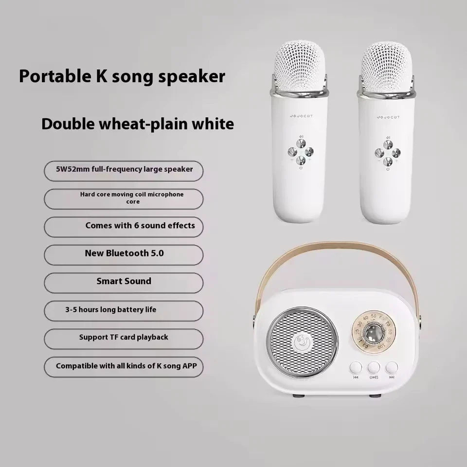 White karaoke wireless portable bluetooth speaker with retro design, carrying handle, control knobs, and radio fm machine features