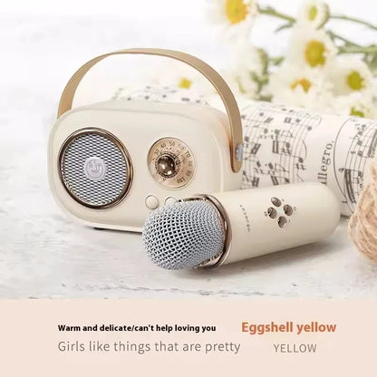 Eggshell yellow karaoke wireless portable microphone with silver mesh grille and matching vintage-style radio FM machine speaker