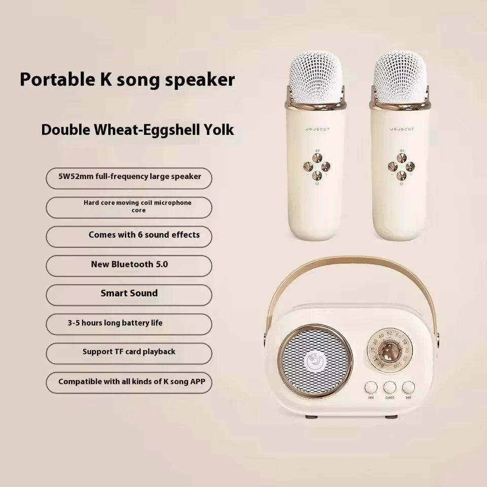 Cream-colored karaoke wireless portable speaker with vintage design two microphones small mp3 column radio fm machine