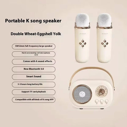 Cream-colored karaoke wireless portable speaker with vintage design two microphones small mp3 column radio fm machine