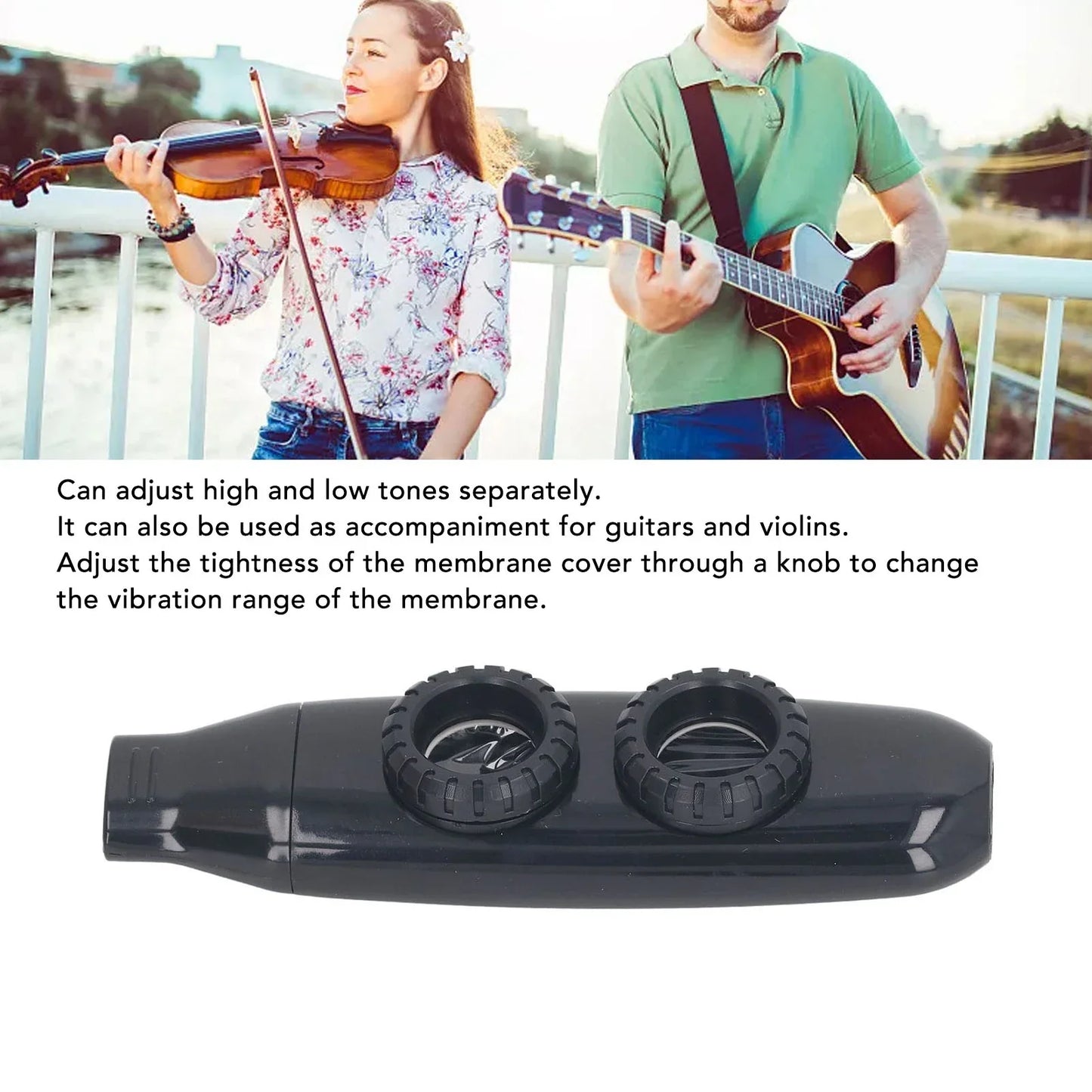 Black plastic kazoo flute with diaphragm and two tone adjustment knobs for hole flute adjustable musical wind instrument use