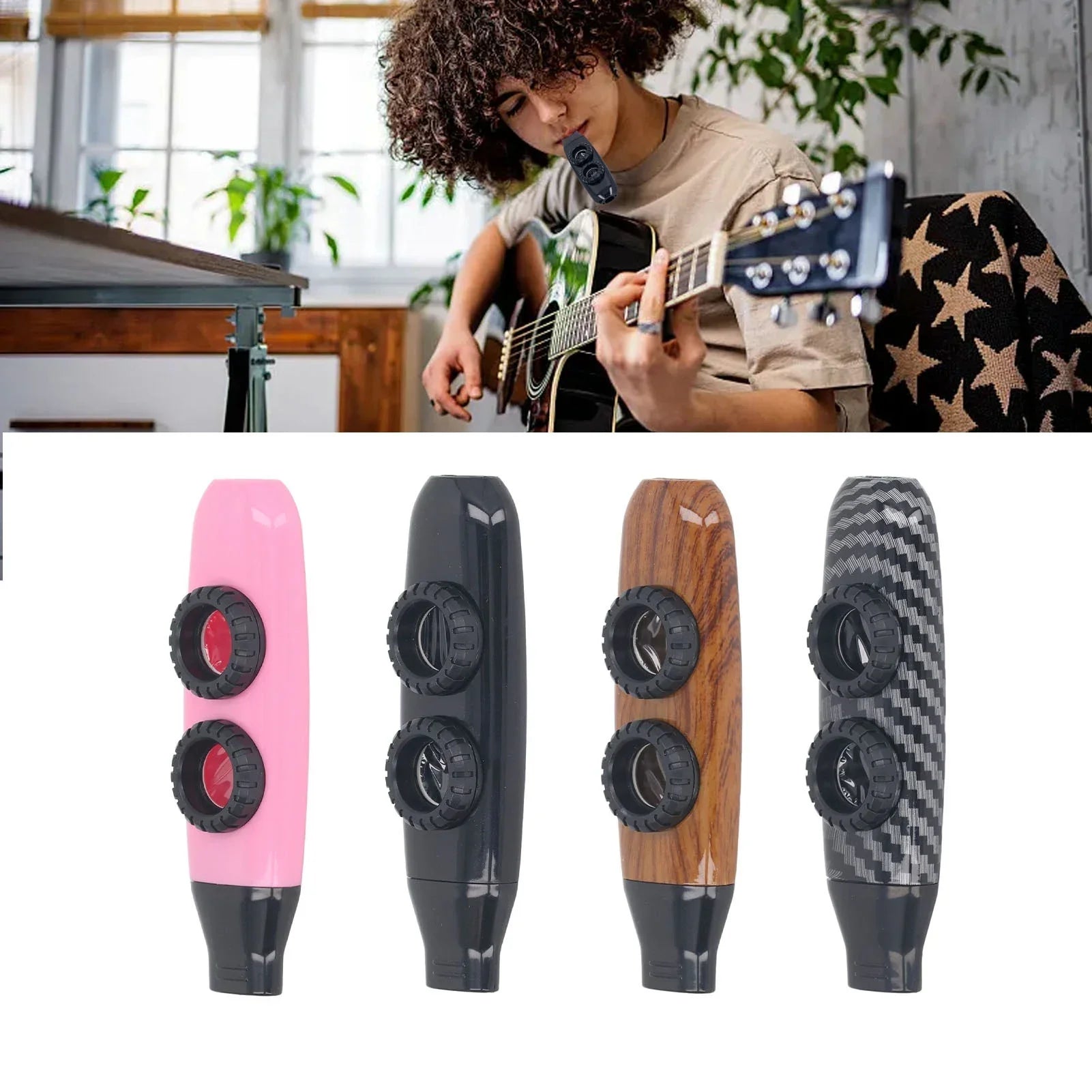 A sleek black kazoo flute with dual hole adjustable design and glossy finish for performance use as adjustable musical wind instrument