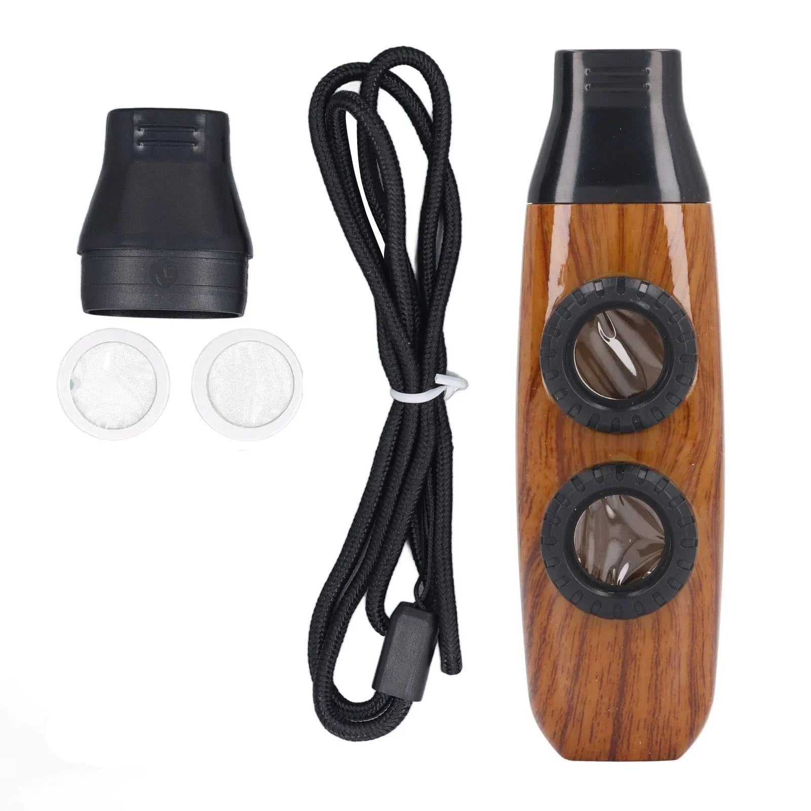 Wood-grain textured diaphragm kazoo flute with black accents and dual circular viewing ports for musical performance