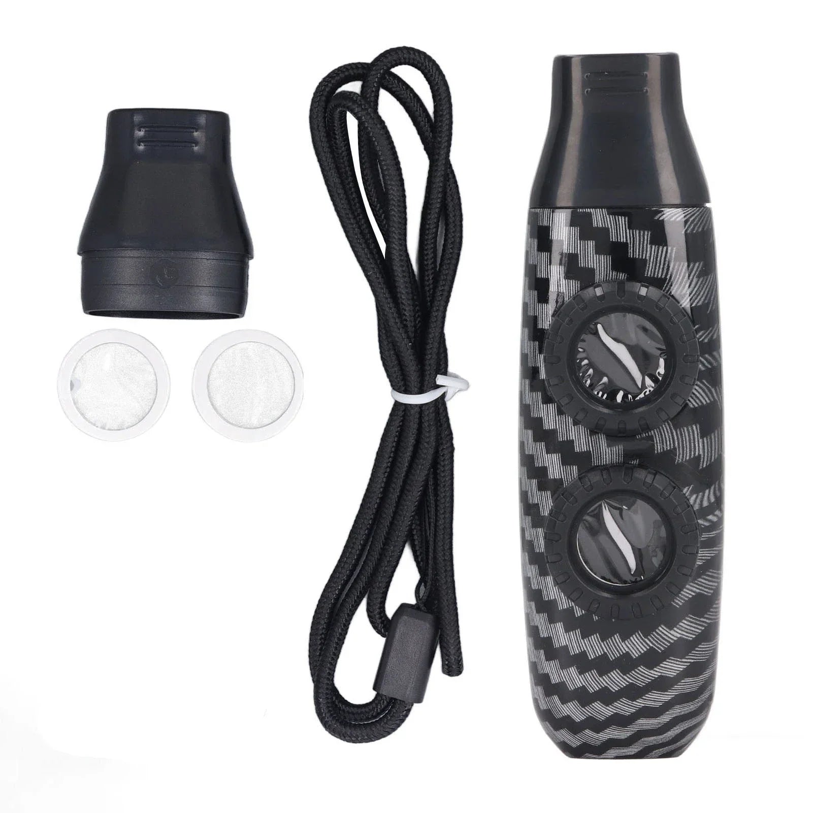 Black carbon fiber-patterned diaphragm kazoo flute with dual hole flute adjustable dials and matching black lanyard