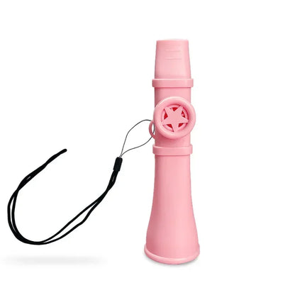 Pink plastic kazoo with star cutout and black strap offering excellent sound quality for musical instrument players