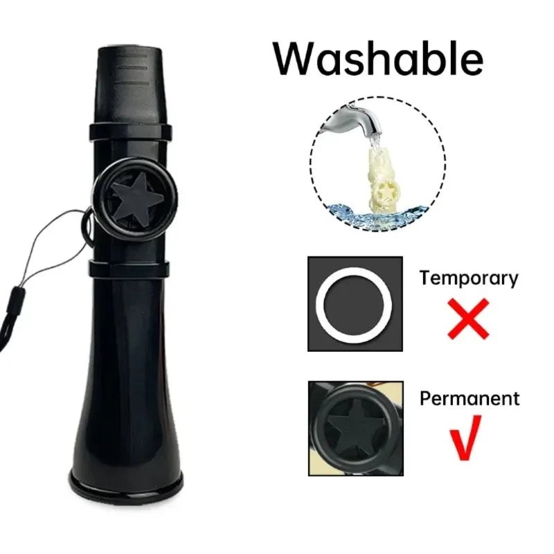 Black plastic reusable kazoo with star emblem and wrist strap for adults and kids enhancing sound quality