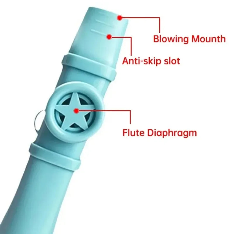 Light blue plastic kazoo for adults and kids with star-shaped diaphragm and anti-skip slot for enhanced sound quality