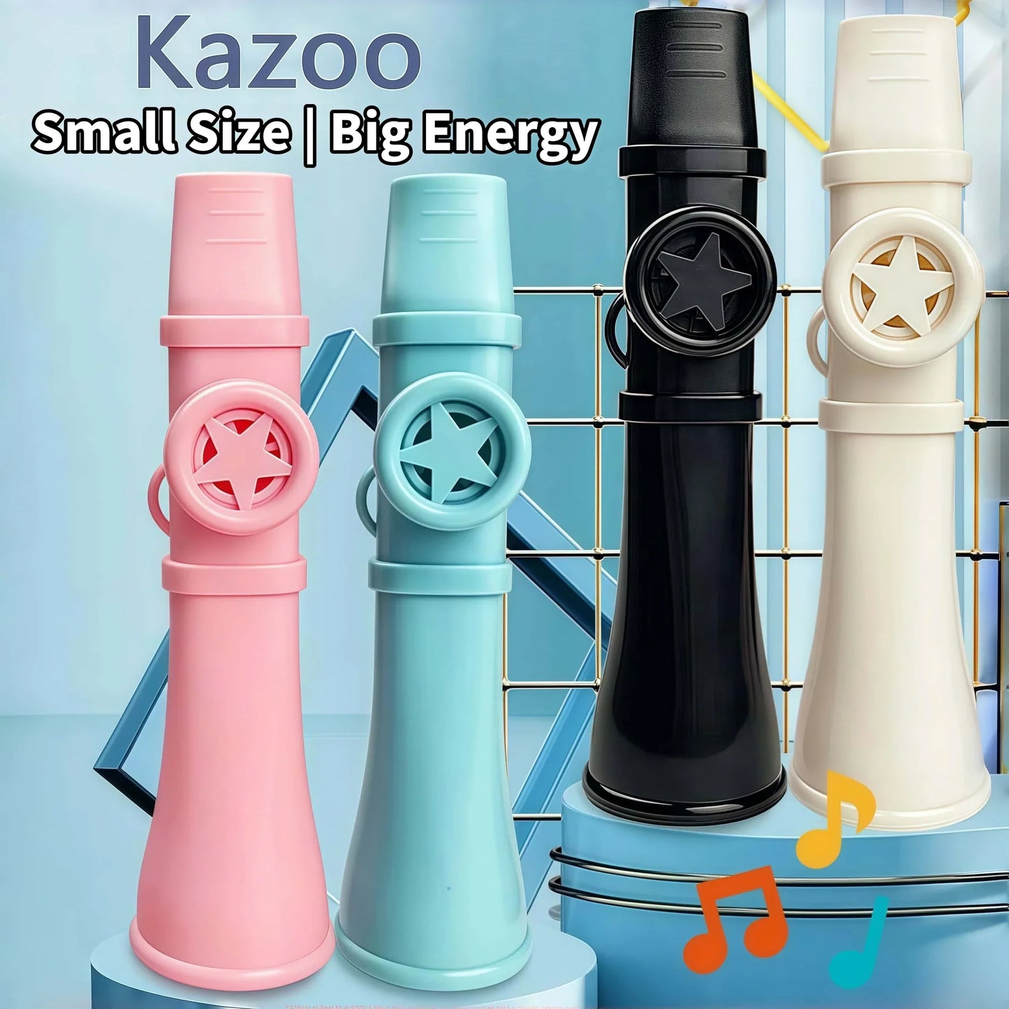 Pink light blue black and cream kids professional kazoo with star-shaped speaker grilles for guitar ukulele violin lovers