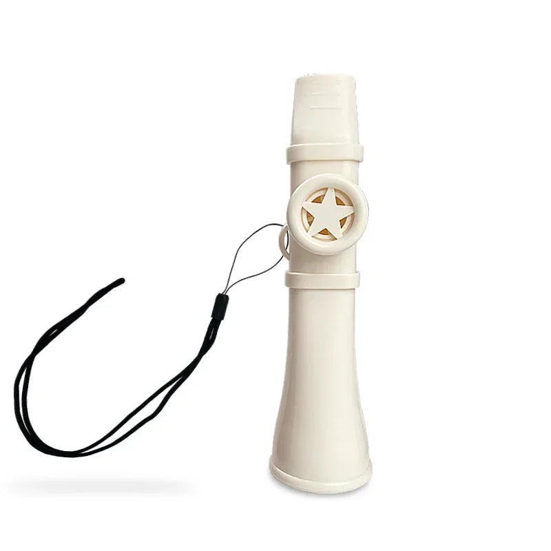 Cream-colored plastic megaphone kazoo with star-shaped grille and black strap for kids professional kazoo and musical lovers
