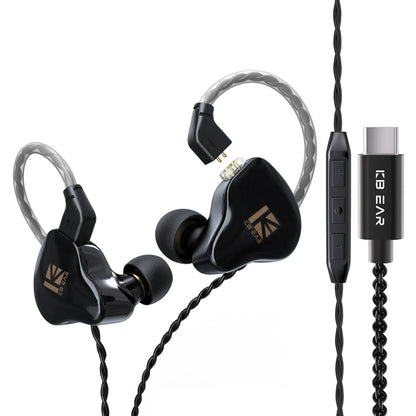 Black KBEAR KS1 dual magnetic circuit iems gaming earphones with silver braided cables and black USB-C audio adapter