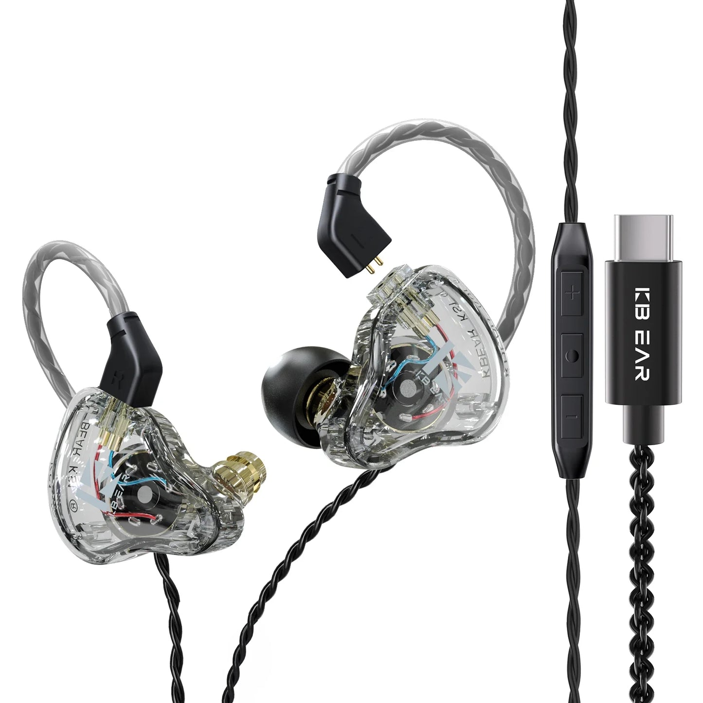 Clear transparent kbear ks1 iems gaming earphones with silver braided cable and black ear hooks featuring dual magnetic circuit