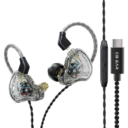 Clear transparent kbear ks1 iems gaming earphones with silver braided cable and black ear hooks featuring dual magnetic circuit