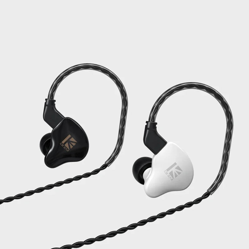 Black and white kbear ks1 iems gaming wired earphones with dual magnetic circuit and braided cables with k logo