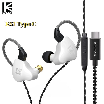White kbear ks1 type c iems gaming earphones with dual magnetic circuit black braided cable and usb-c connector