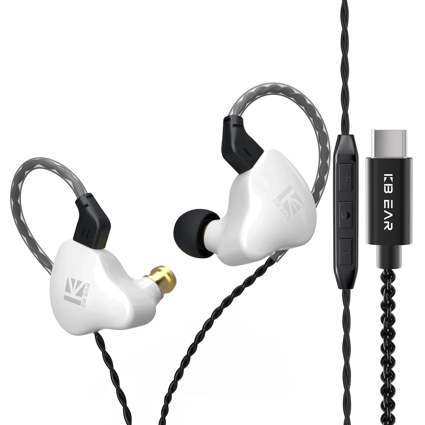 White KBEAR KS1 in-ear headphones with dual magnetic circuit, black braided cable, and USB-C connector for iems gaming