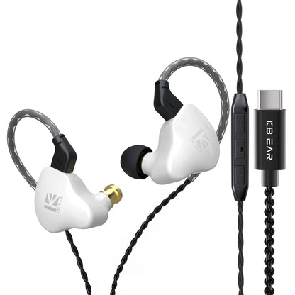 White KBEAR KS1 in-ear headphones with dual magnetic circuit, black braided cable, and USB-C connector for iems gaming