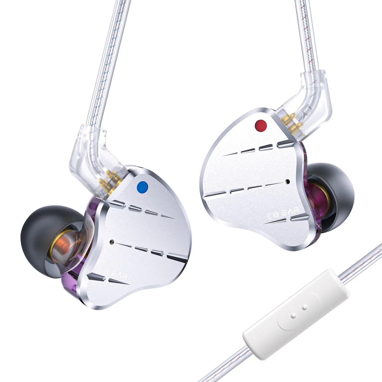 Silver kbear ks10 metal earphone hifi with transparent housing blue red lights and white inline sound noise reduction headset