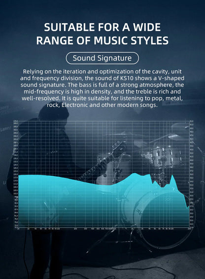 KBEAR KS10 metal earphone hifi with v-shaped sound signature offering sound noise reduction and rich bass for music