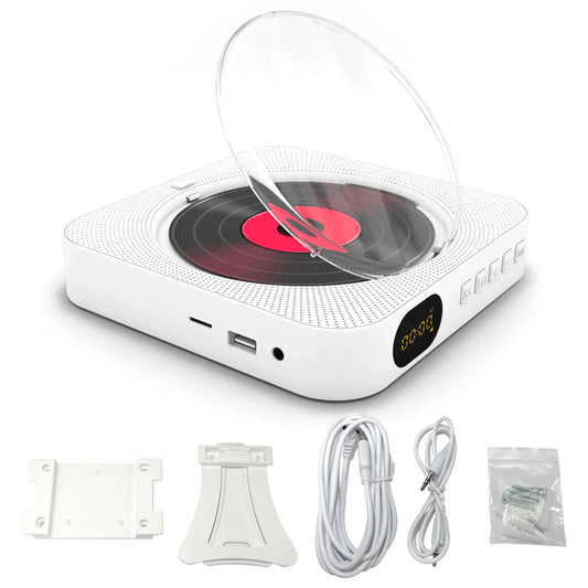 White portable cd player kc-909 with transparent lid, built-in speaker, digital display, and double 3.5mm headphones jack