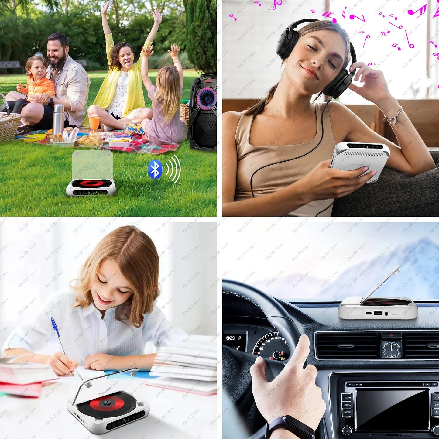 White portable bluetooth cd player with red center and black accents featuring runner dustproof cover and repeat timer function