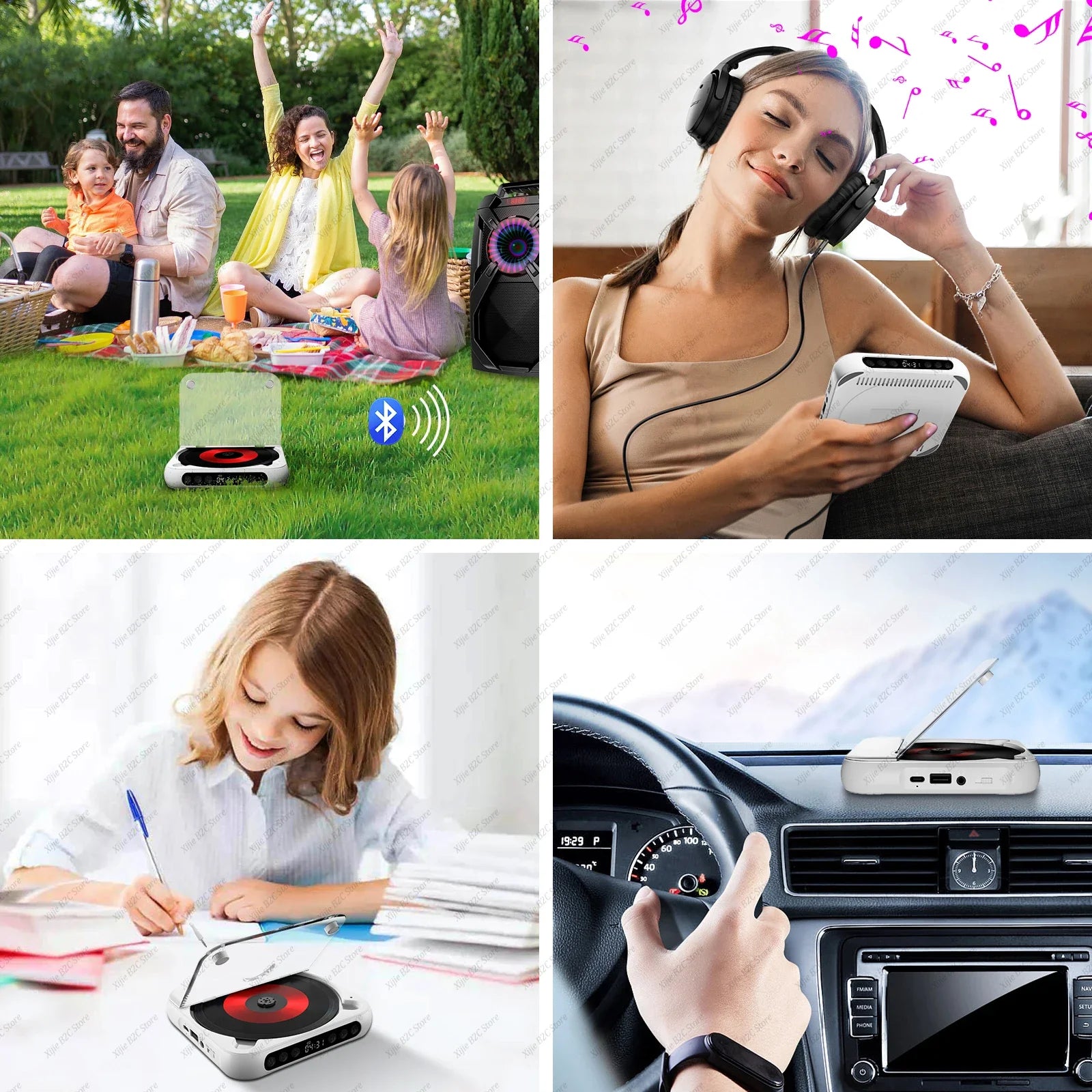 White portable bluetooth cd player with red center and black accents featuring runner dustproof cover and repeat timer function
