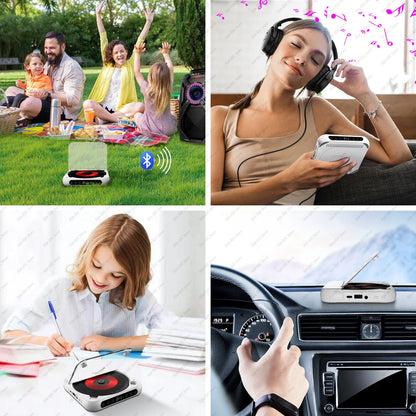 White portable bluetooth cd player with red center and black accents featuring runner dustproof cover and repeat timer function