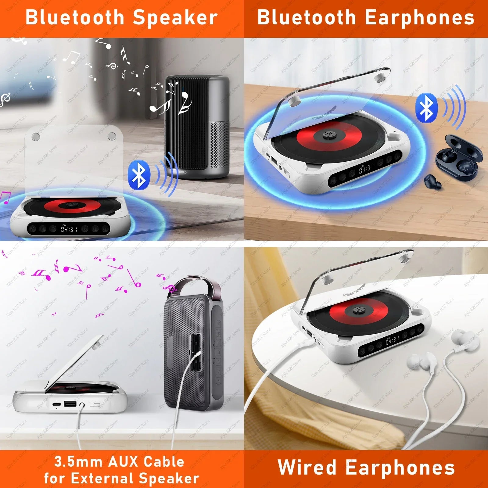 White bluetooth player portable bluetooth with red vinyl design digital display repeat timer runner dustproof cover