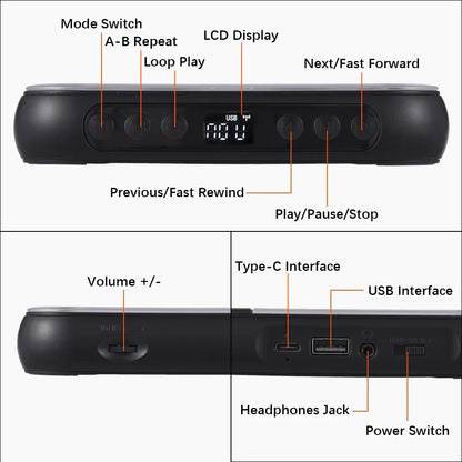 Black portable bt music speaker with sleek rounded design and multiple control buttons for repeat timer remote use