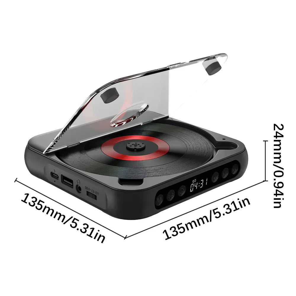 Black square-shaped kc-918 cd player with transparent lid red vinyl center portable bt music runner dustproof cover repeat timer remote