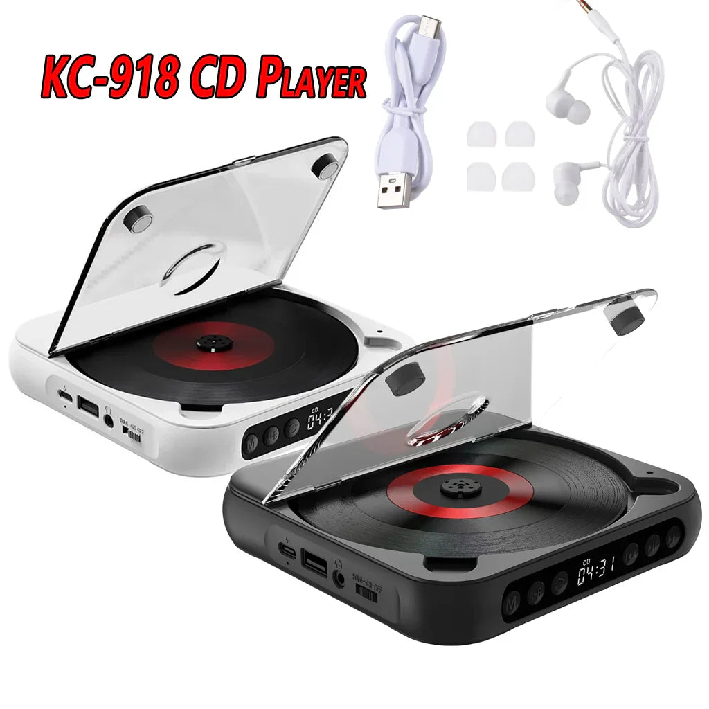 White and black kc-918 cd players with transparent lids and red illuminated platters featuring runner dustproof cover and repeat timer remote
