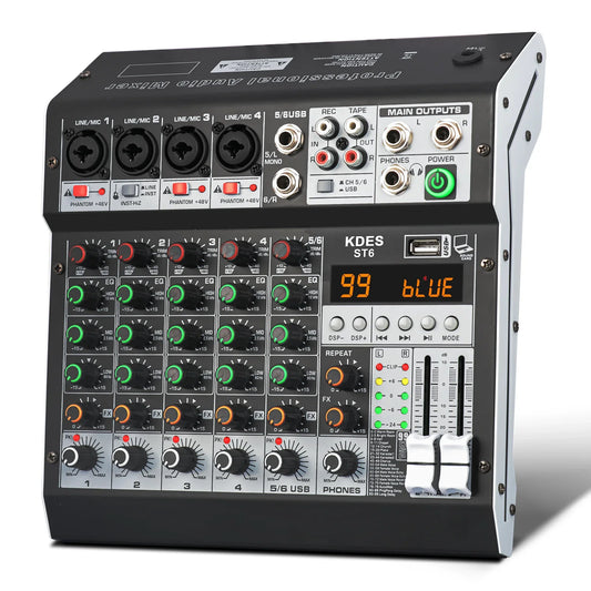 Black and silver kdes audio mixer with dsp effect record green-lit knobs orange display phantom power usb ports
