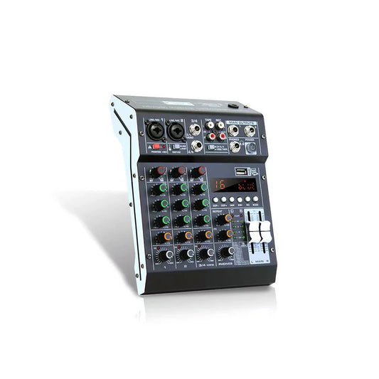 Black and silver kdes audio mixer with multiple knobs sliders dsp effect record pc 48v phantom power and usb ports