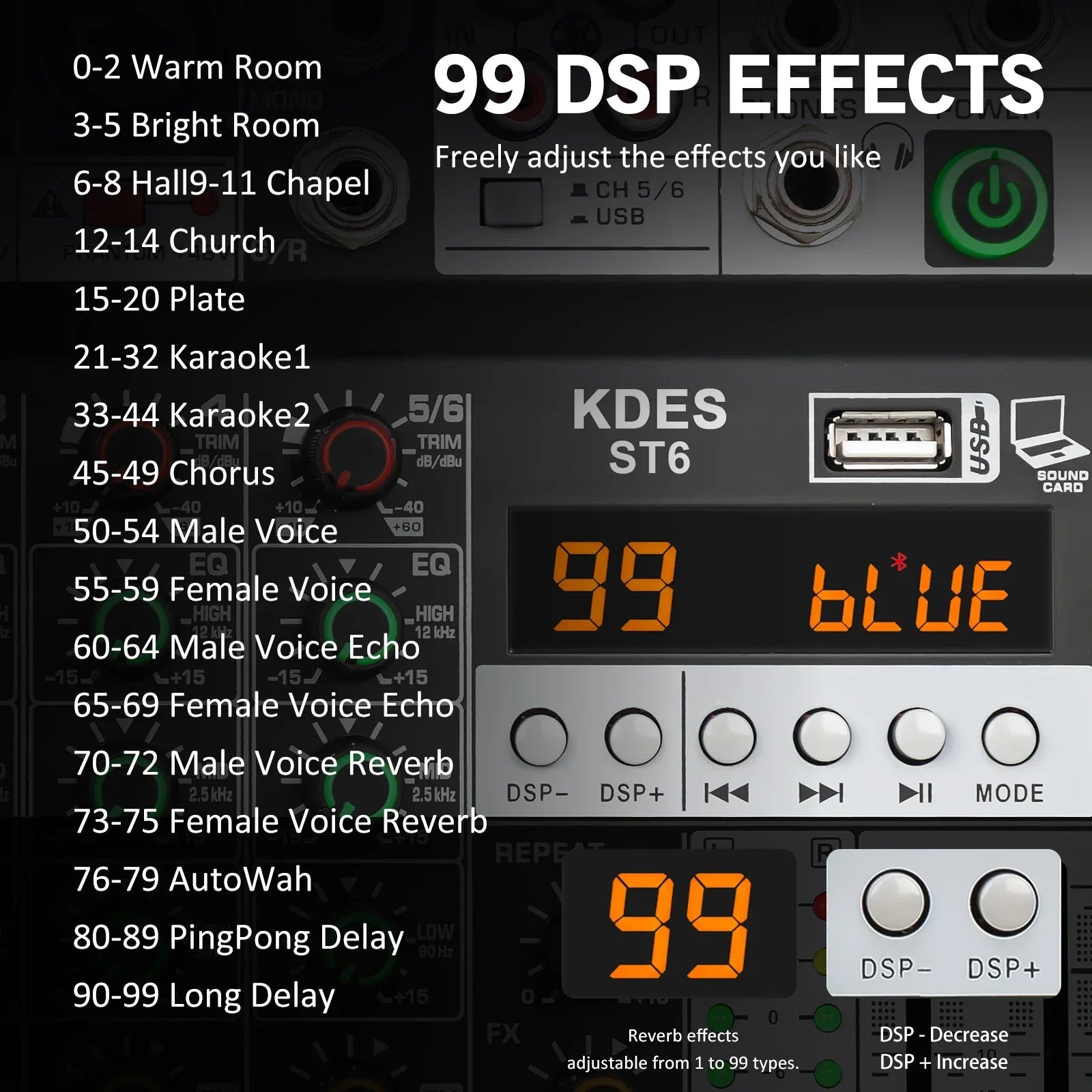 Black and silver kdes audio mixer portable speaker with orange dsp effect record display and record pc 48v phantom power