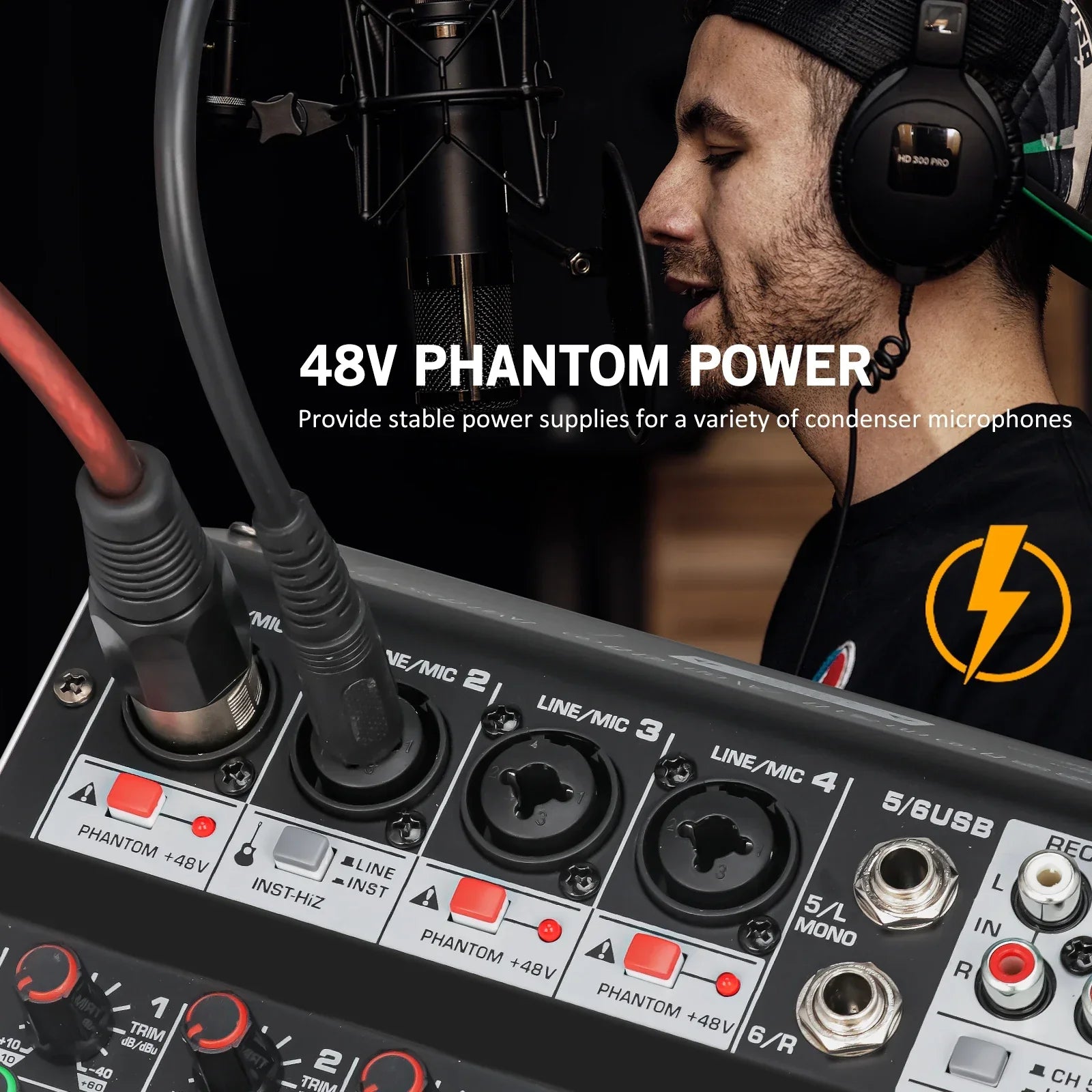 Black kdes audio mixer with red and silver knobs featuring 48v phantom power dsp effect record for record pc 48v use